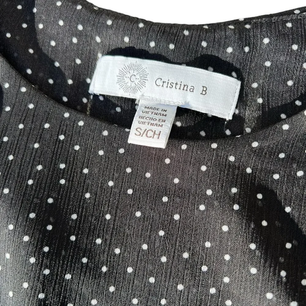 Christina B black lined polk a dot tank top, sheer with dots, women's S